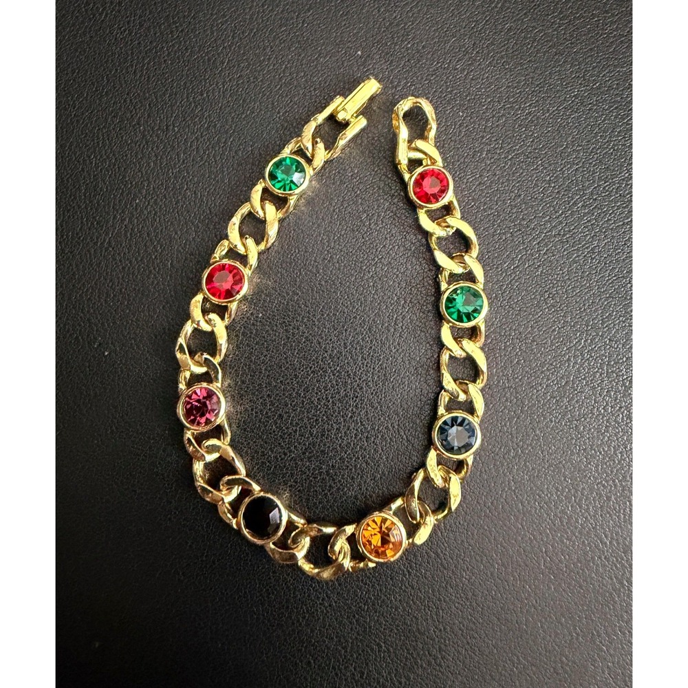 Vintage Rhinestone Chain Bracelet Gold Tone Jewel Tone Pride Marked USA